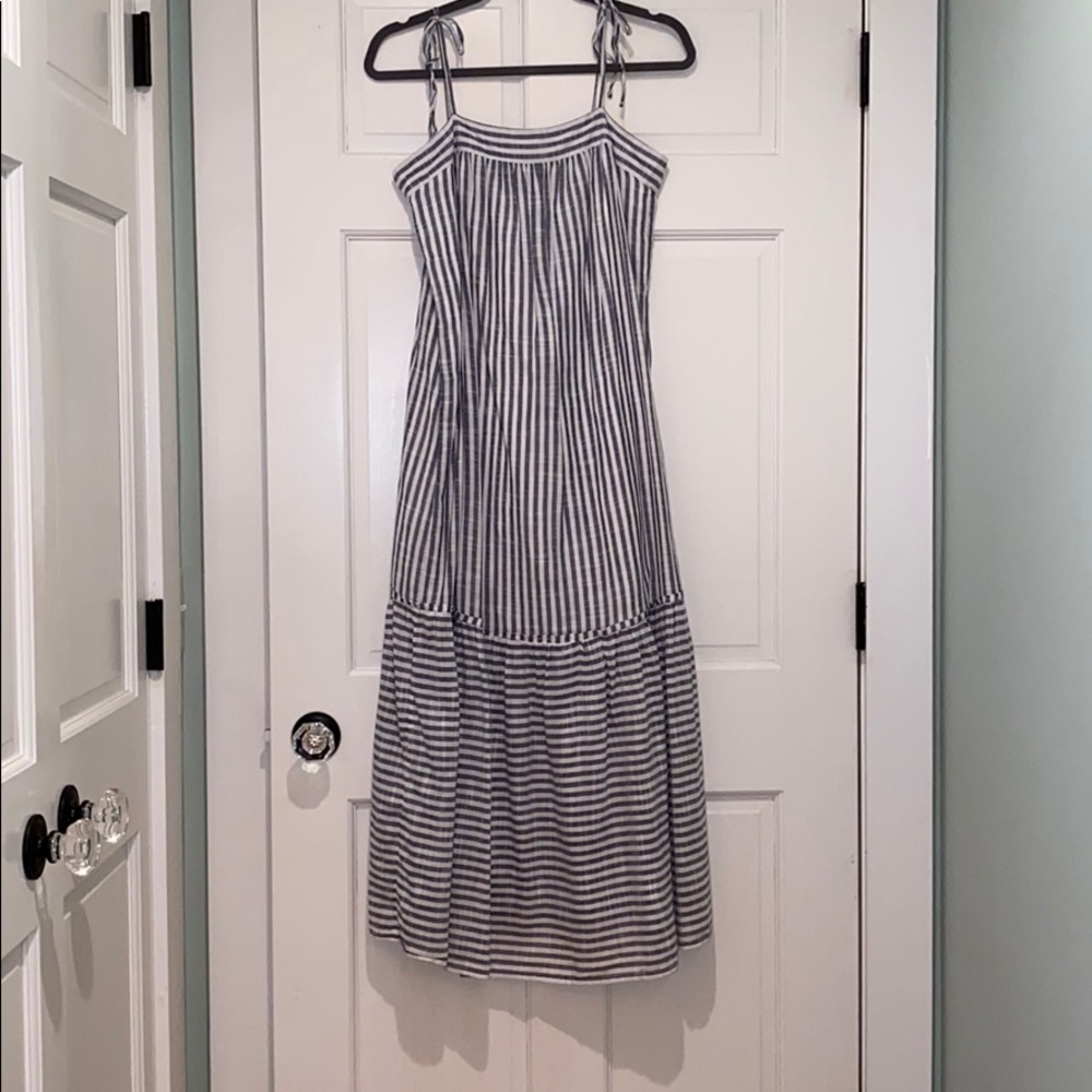 Blue and white striped maxi dress